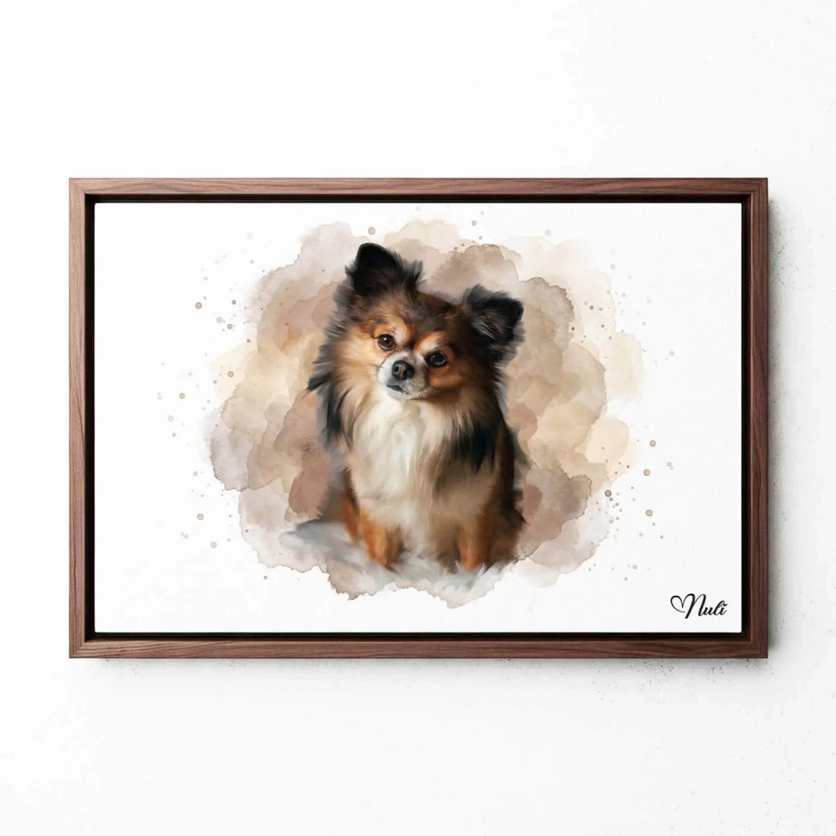 Retrato de perro en estilo acuarela (formato horizontal) a partir de tu foto - lienzo con marco nogal