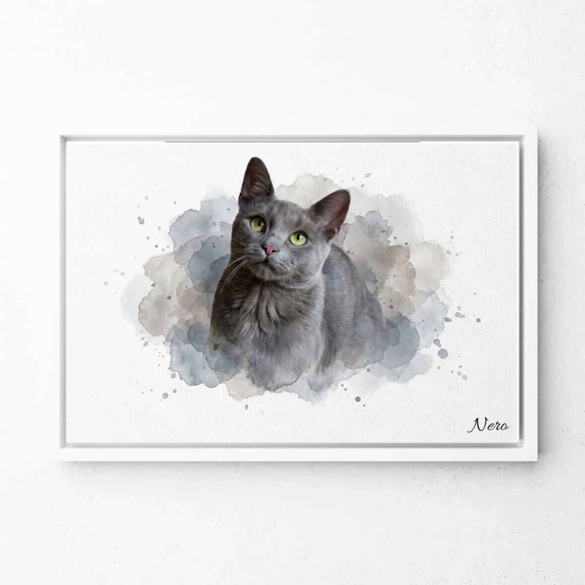 Retrato de gato en estilo acuarela (formato horizontal) a partir de tu foto - lienzo con marco blanco