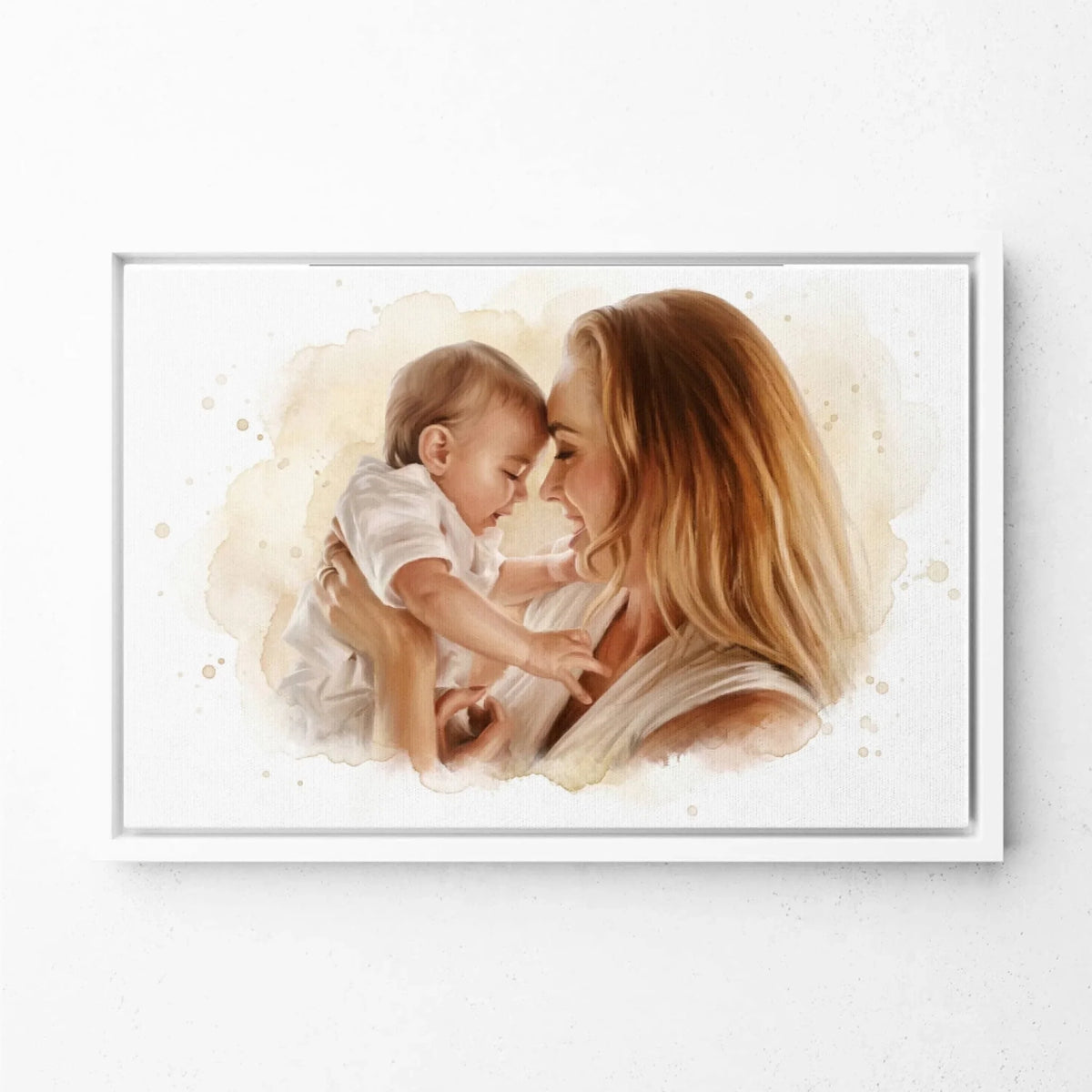 Retrato de pareja y familia en estilo acuarela (formato horizontal) a partir de tu foto - lienzo con marco blanco