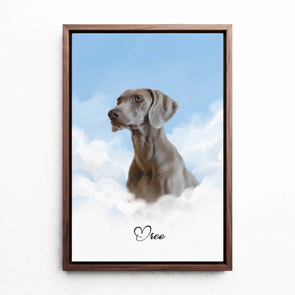 Retrato de perro sobre nubes a partir de tu foto - lienzo con marco nogal