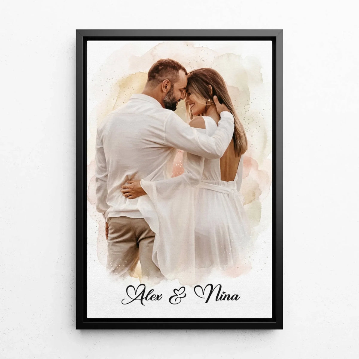 Retrato de pareja y familia en estilo acuarela a partir de tu foto - lienzo con marco negro