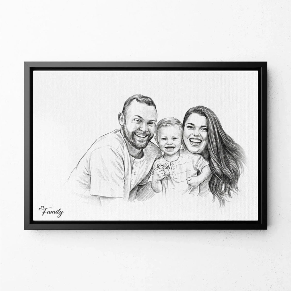 Retrato de pareja y familia en estilo lápiz (formato horizontal) a partir de tu foto - lienzo con marco negro