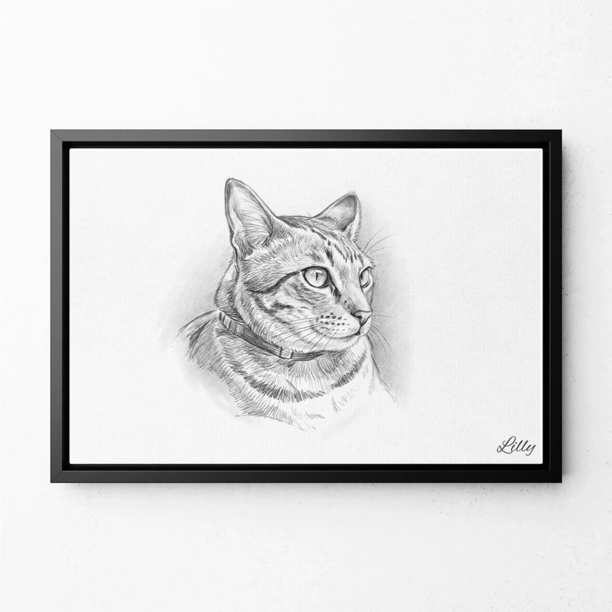 Retrato de gato en estilo lápiz (formato horizontal) a partir de tu foto - lienzo con marco negro