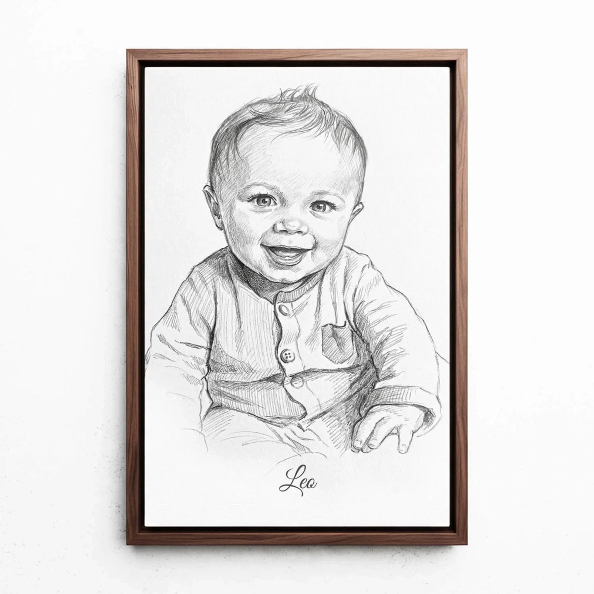 Retrato de bebé en estilo lápiz a partir de tu foto - lienzo con marco nogal