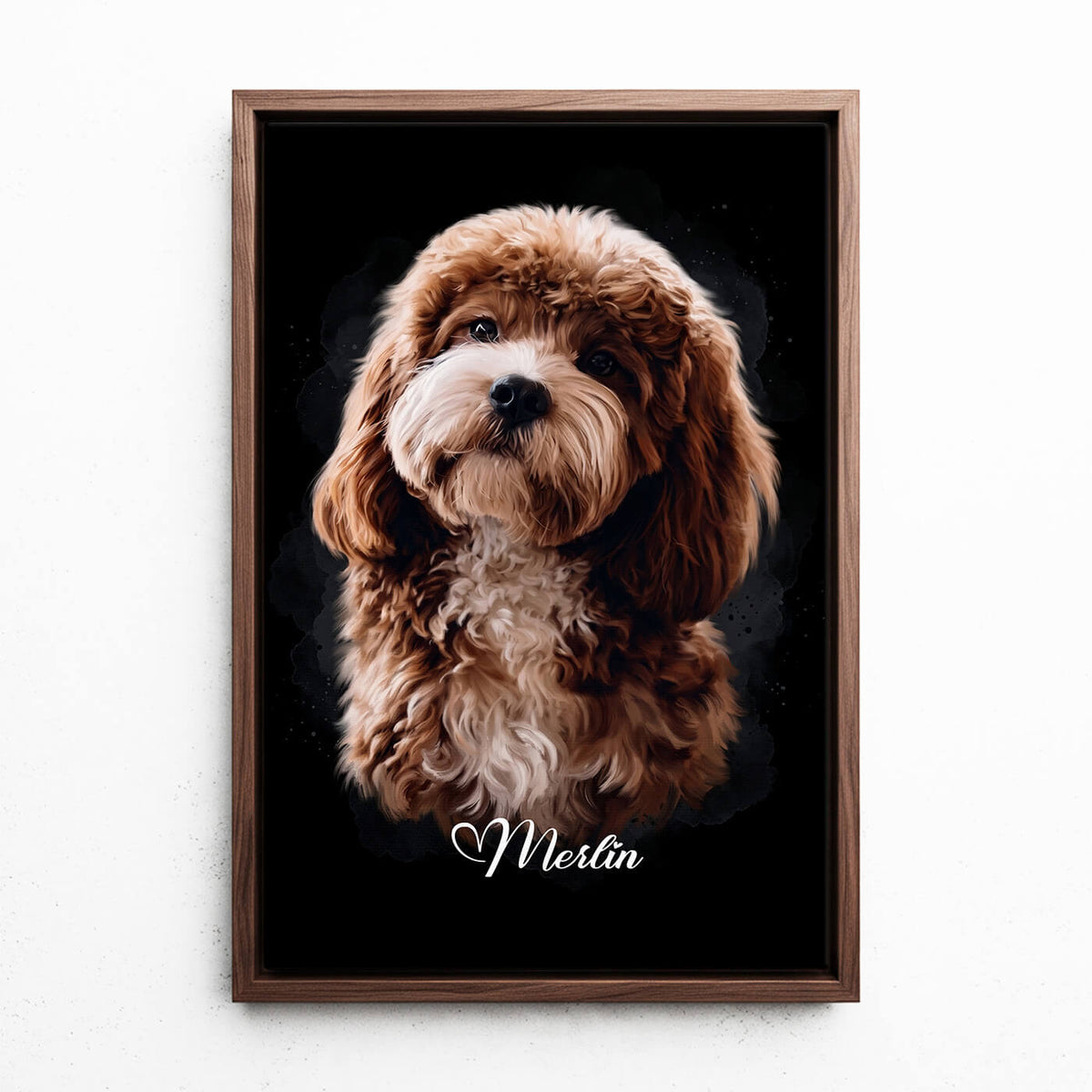 Retrato de perro en estilo acuarela - Negro a partir de tu foto - lienzo con marco nogal