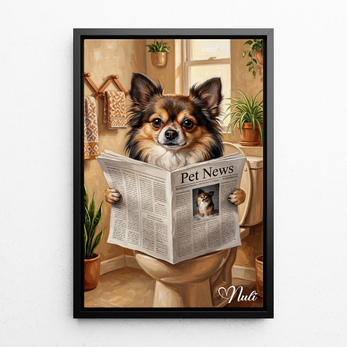 Retrato divertido de perro en el inodoro a partir de tu foto - lienzo con marco negro