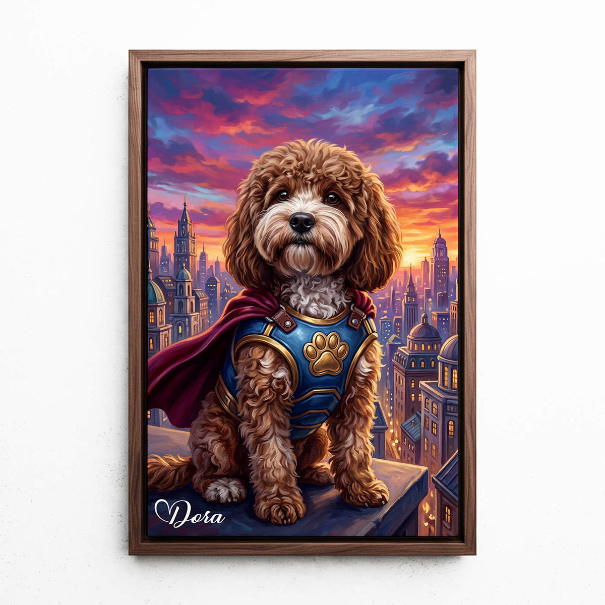 Retrato de perro como superhéroe a partir de tu foto - lienzo con marco nogal