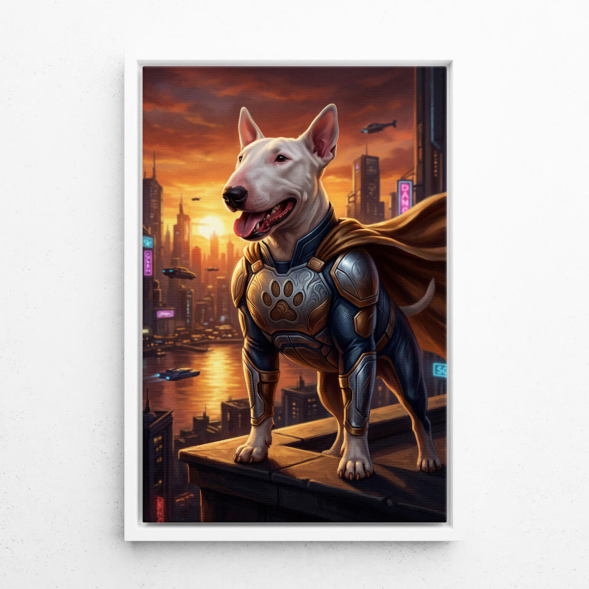 Retrato de perro como superhéroe a partir de tu foto - lienzo con marco blanco