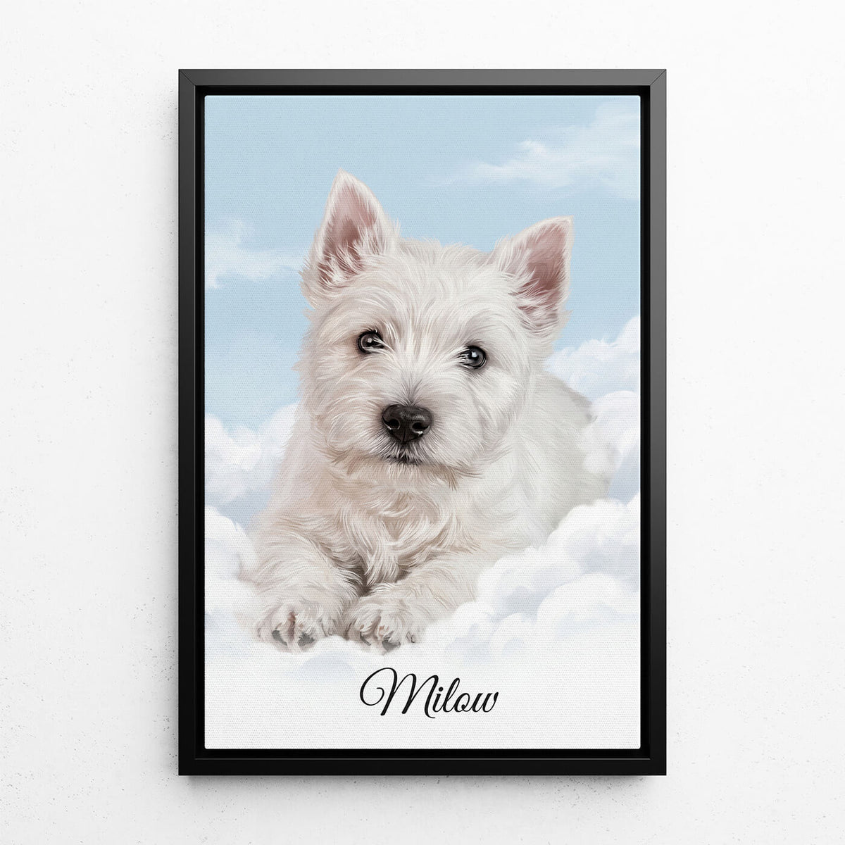 Retrato de perro personalizado en las nubes a partir de tu foto - lienzo con marco negro