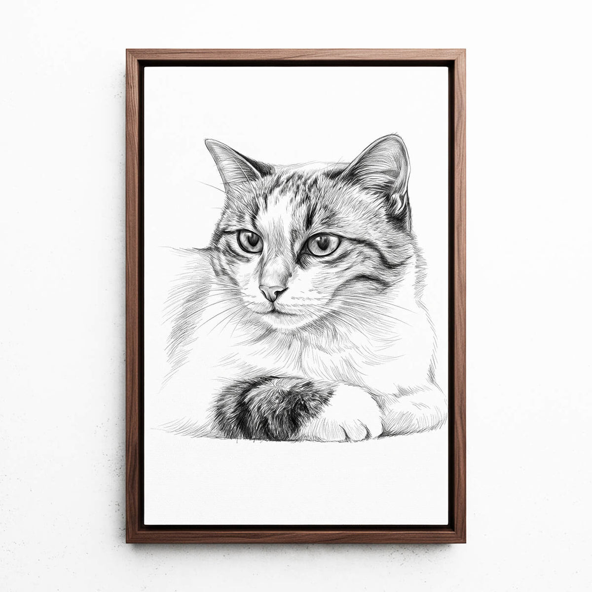 Retrato de gato en estilo lápiz a partir de tu foto - lienzo con marco nogal