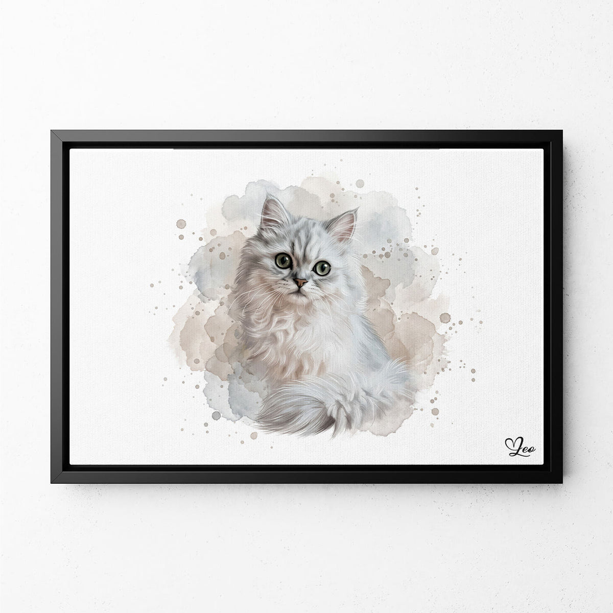 Retrato de gato en estilo acuarela (formato horizontal) a partir de tu foto - lienzo con marco negro