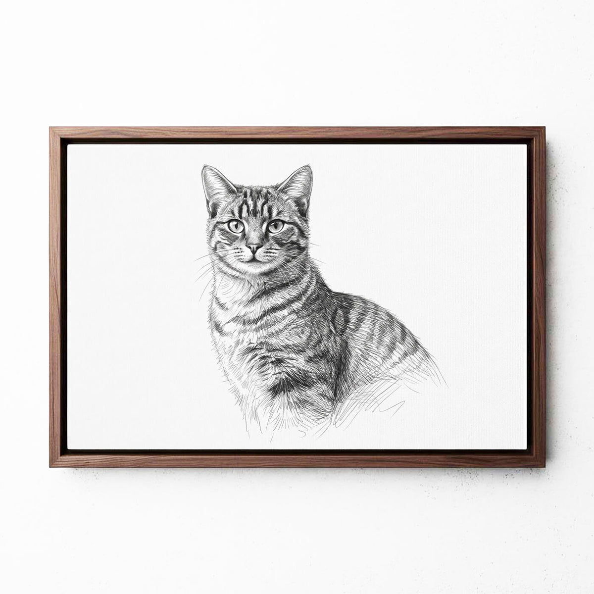Retrato de gato en estilo lápiz (formato horizontal) a partir de tu foto - lienzo con marco nogal