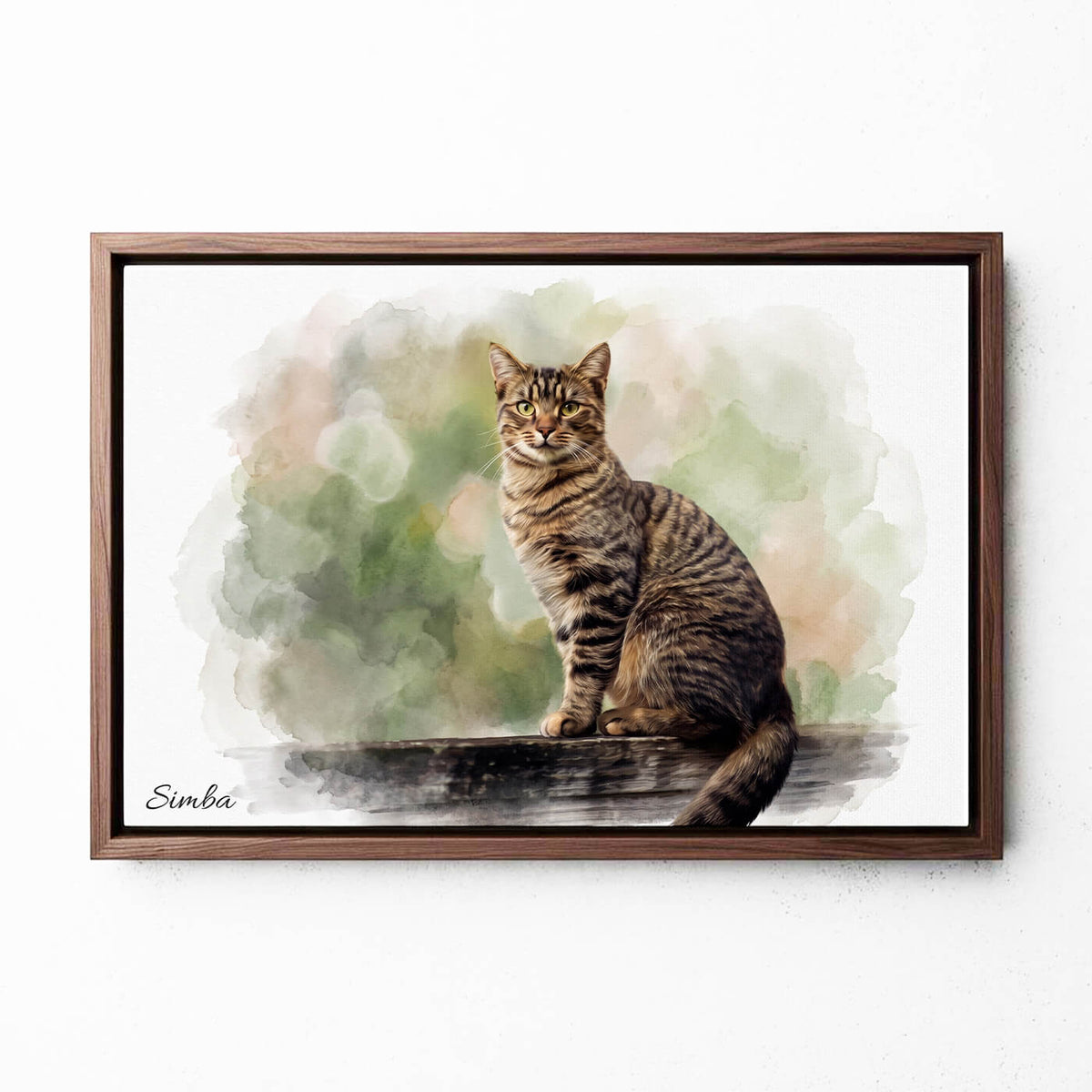 Retrato de gato en estilo acuarela (formato horizontal) a partir de tu foto - lienzo con marco nogal