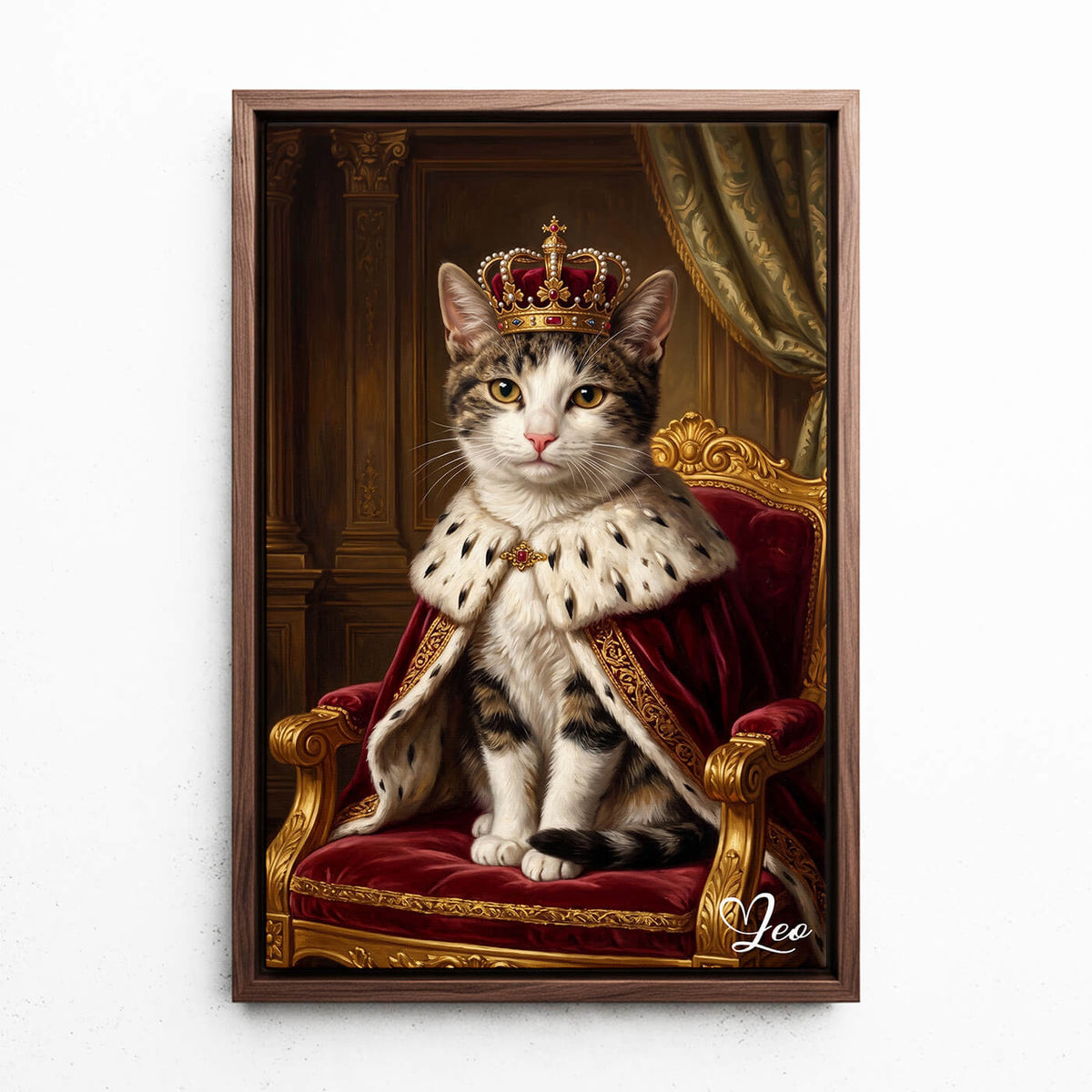 Retrato de gato en estilo renacentista a partir de tu foto - lienzo con marco nogal