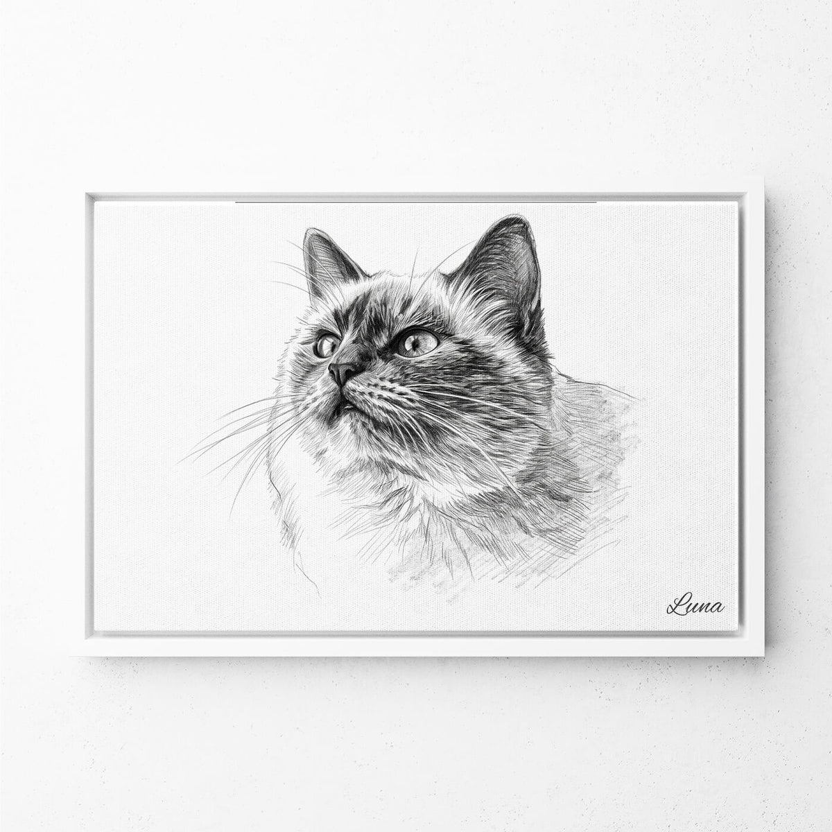 Retrato de gato en estilo lápiz (formato horizontal) a partir de tu foto - lienzo con marco blanco