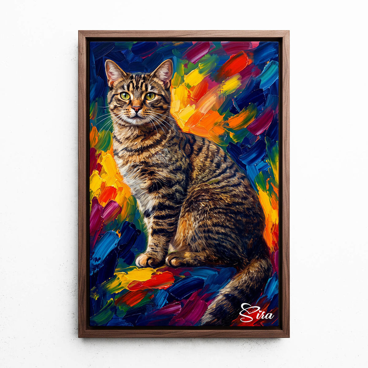 Retrato de gato en estilo pop art a partir de tu foto - lienzo con marco nogal