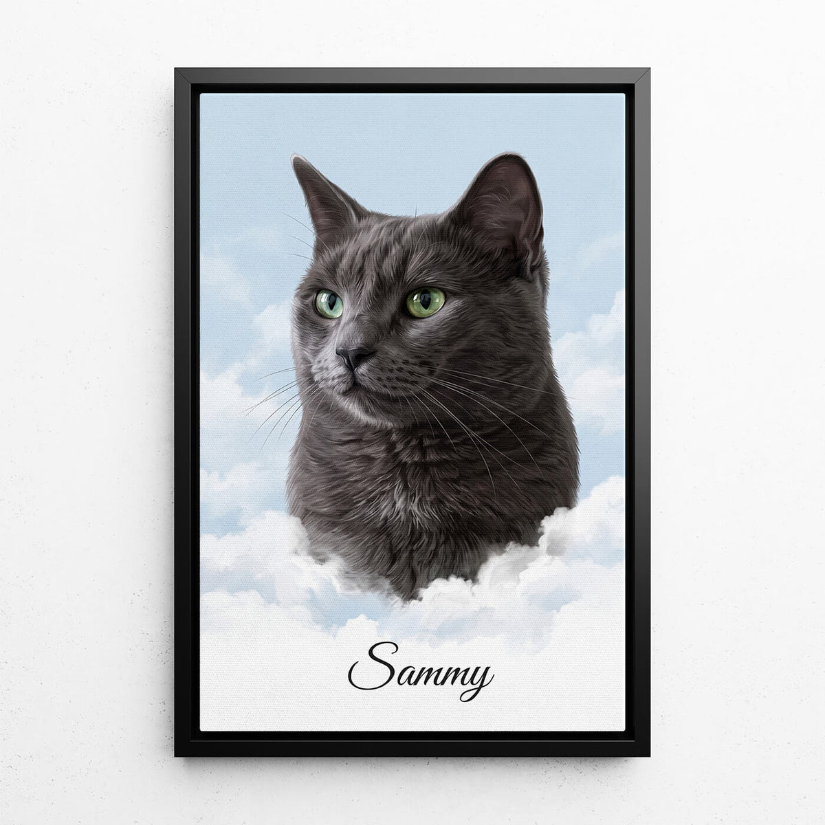Retrato de gato personalizado en las nubes a partir de tu foto - lienzo con marco negro