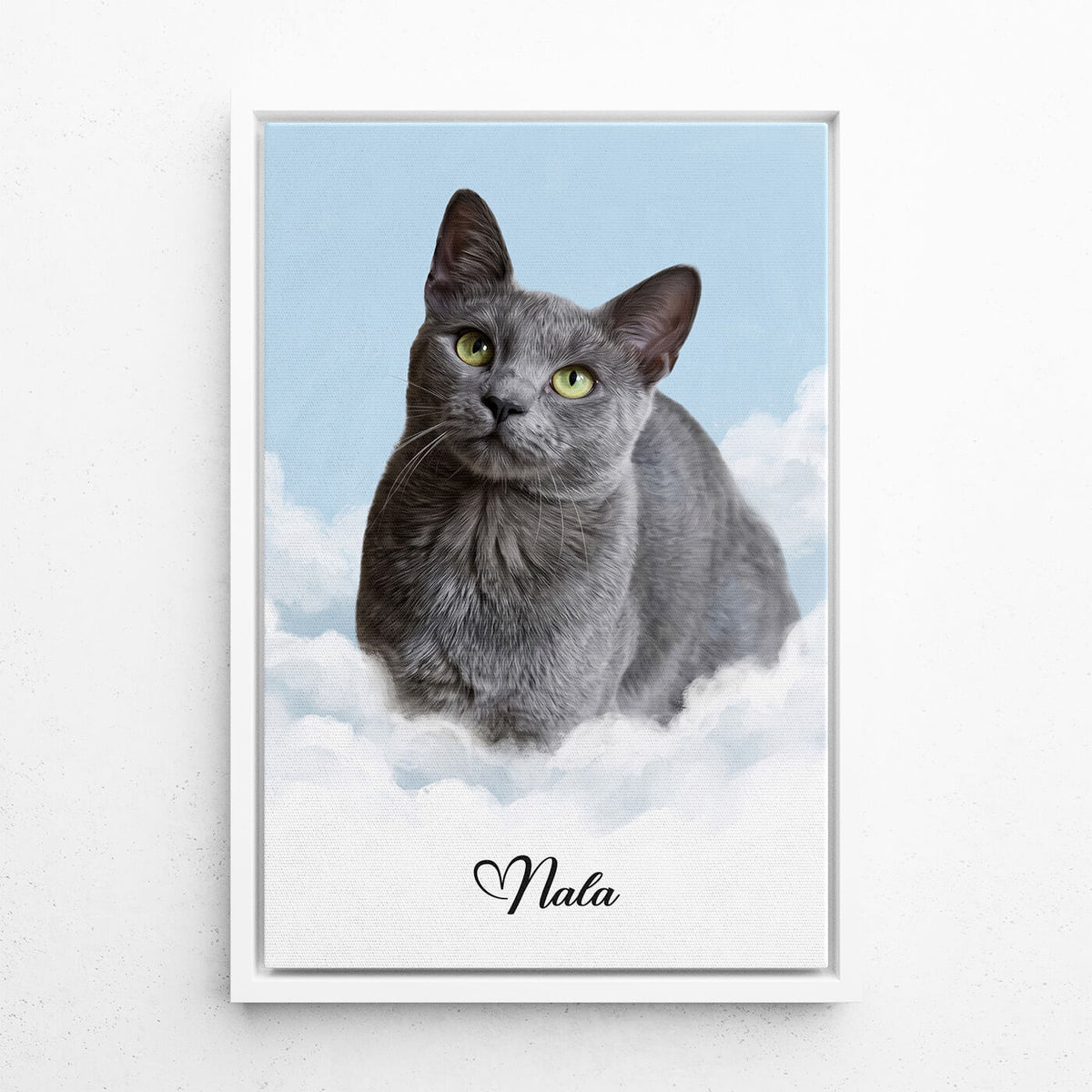 Retrato de gato personalizado en las nubes a partir de tu foto - lienzo con marco blanco