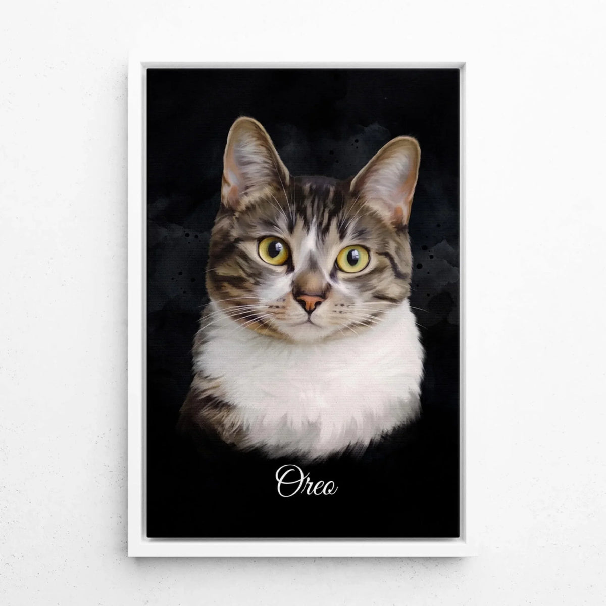 Retrato de gato en estilo acuarela - Negro a partir de tu foto - lienzo con marco blanco