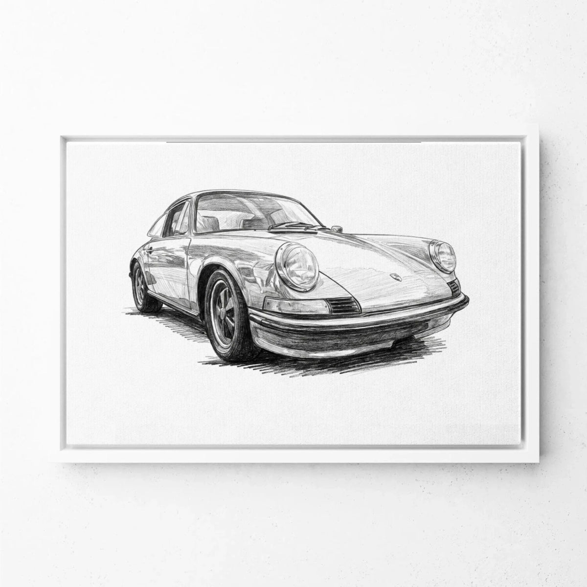 Retrato de coche en estilo lápiz (formato horizontal) a partir de tu foto - lienzo con marco blanco
