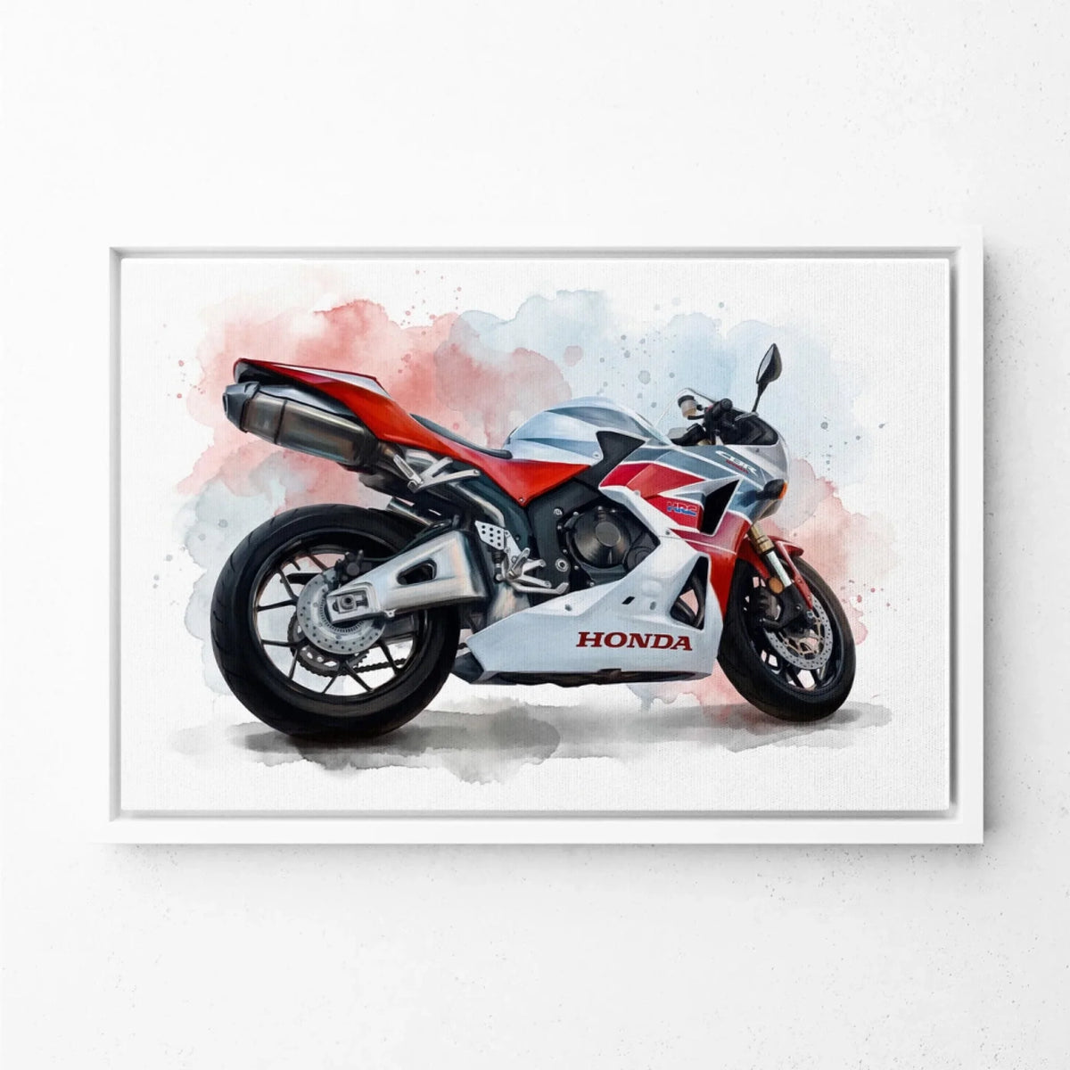 Retrato de moto en estilo acuarela (formato horizontal) a partir de tu foto - lienzo con marco blanco