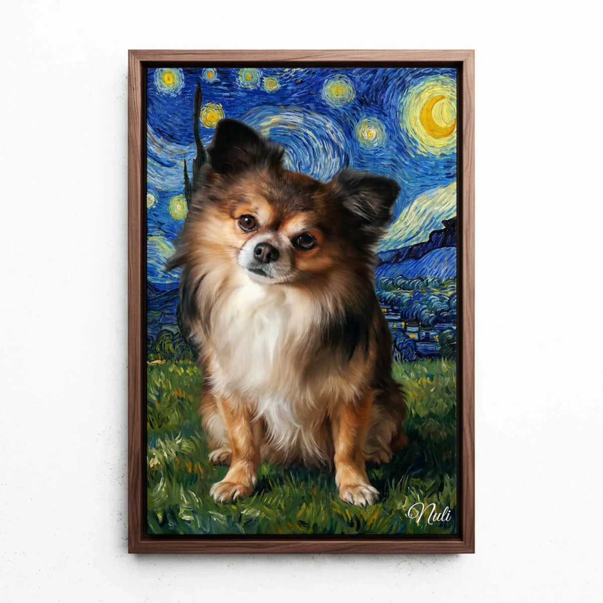 Retrato de perro en estilo Van Gogh a partir de tu foto - lienzo con marco nogal