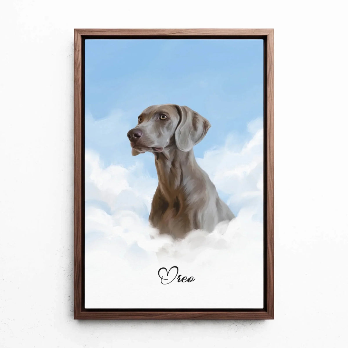 Retrato de perro personalizado en las nubes a partir de tu foto - lienzo con marco nogal