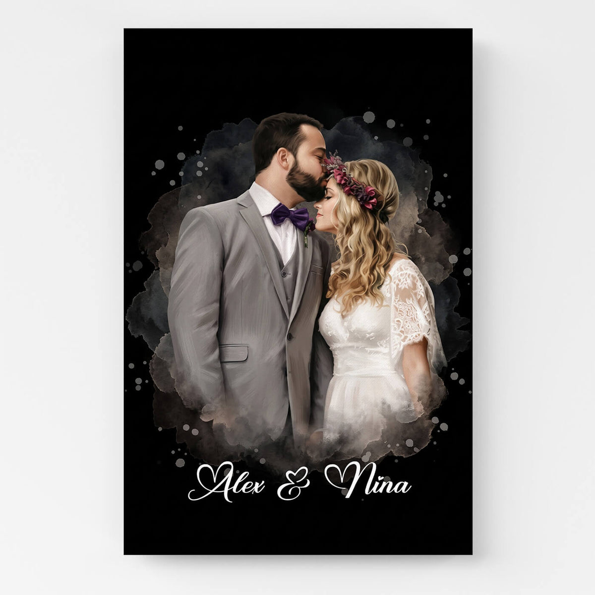 Retrato de pareja y familia en estilo acuarela - Negro a partir de tu foto - lienzo