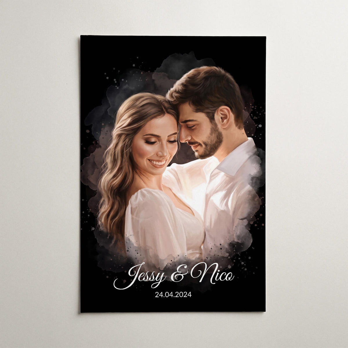 Retrato de pareja y familia en estilo acuarela - Negro a partir de tu foto - póster