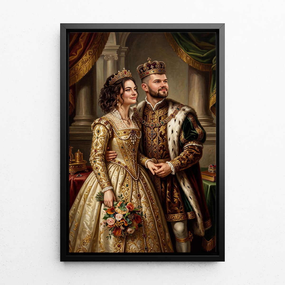 Retrato de pareja y familia en estilo renacentista a partir de tu foto - lienzo con marco negro