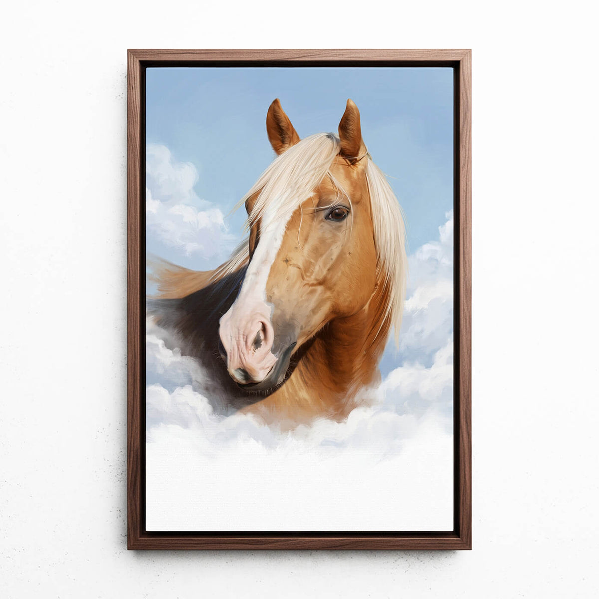 Retrato de caballo personalizado en las nubes a partir de tu foto - lienzo con marco nogal