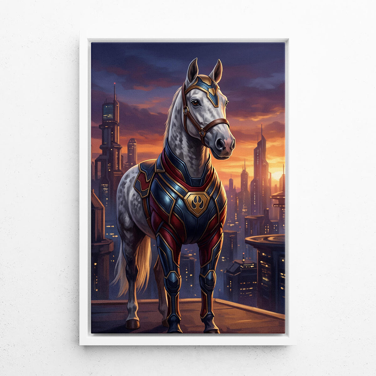 Retrato de caballo como superhéroe a partir de tu foto - lienzo con marco blanco