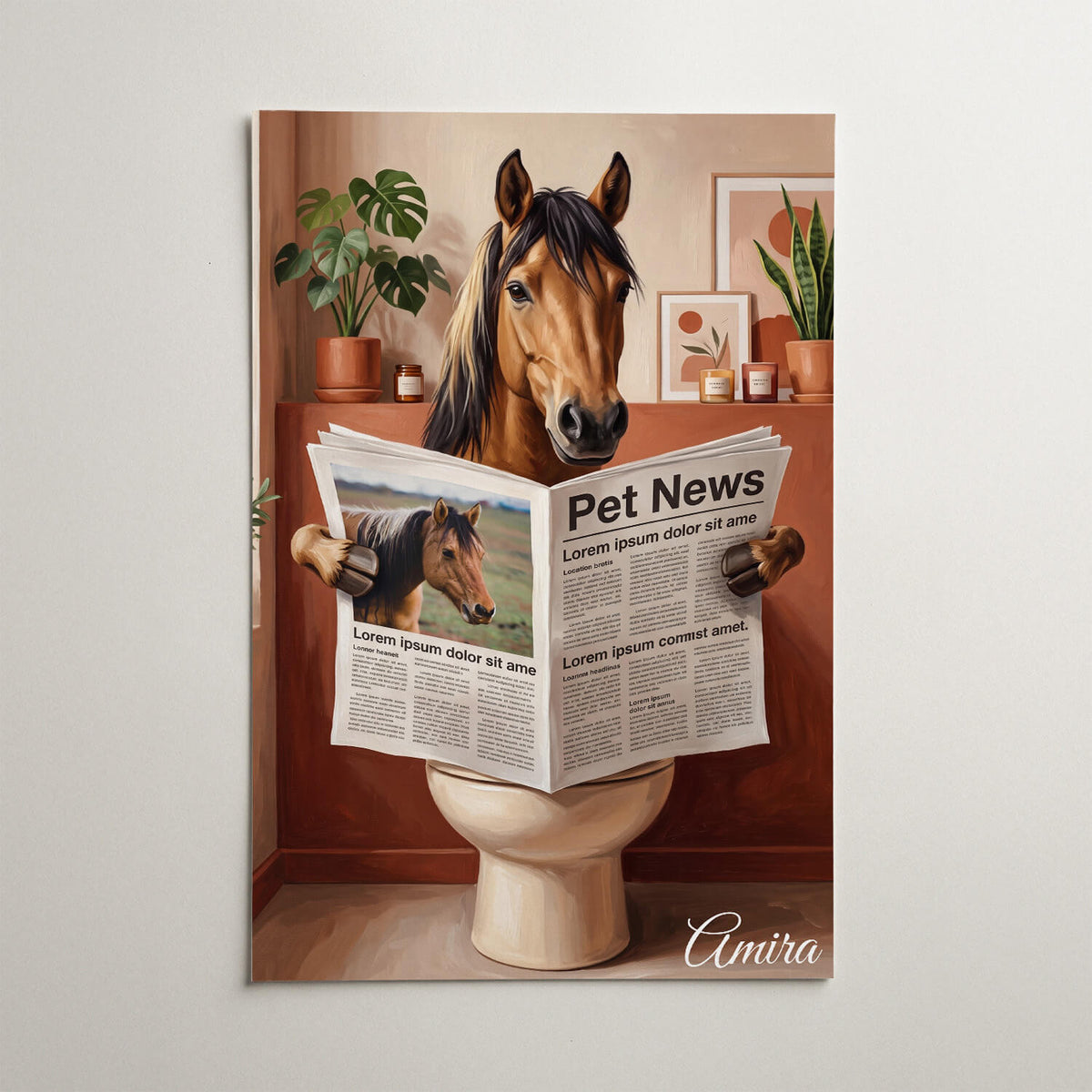 Retrato divertido de caballo en el inodoro a partir de tu foto - póster