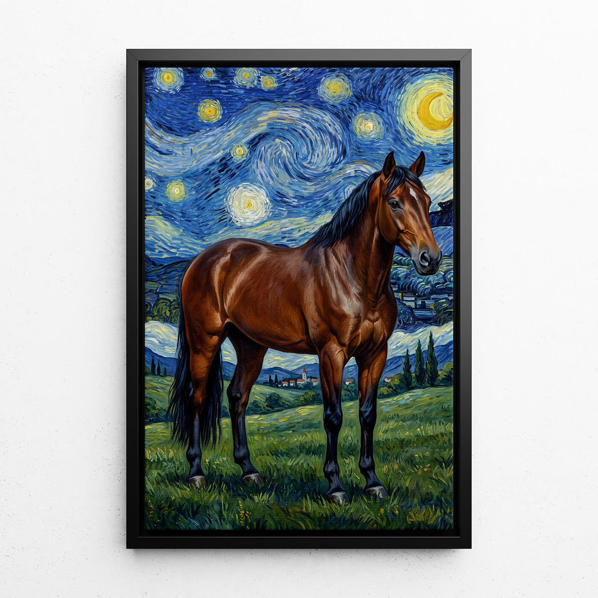 Retrato de caballo en estilo Van Gogh a partir de tu foto - lienzo con marco negro