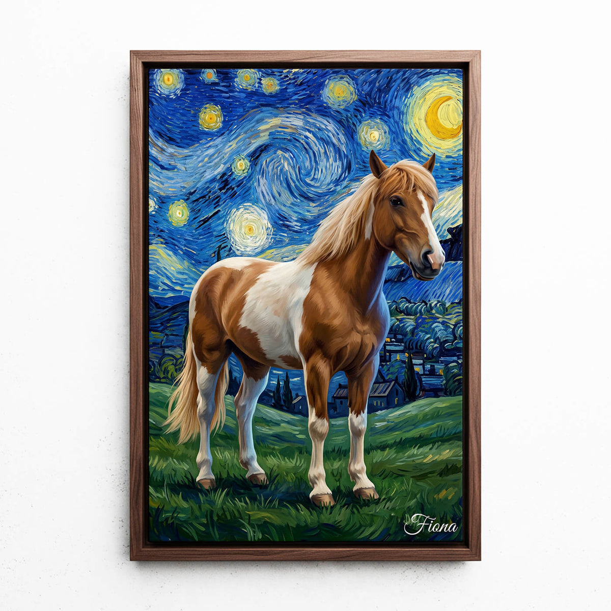 Retrato de caballo en estilo Van Gogh a partir de tu foto - lienzo con marco nogal