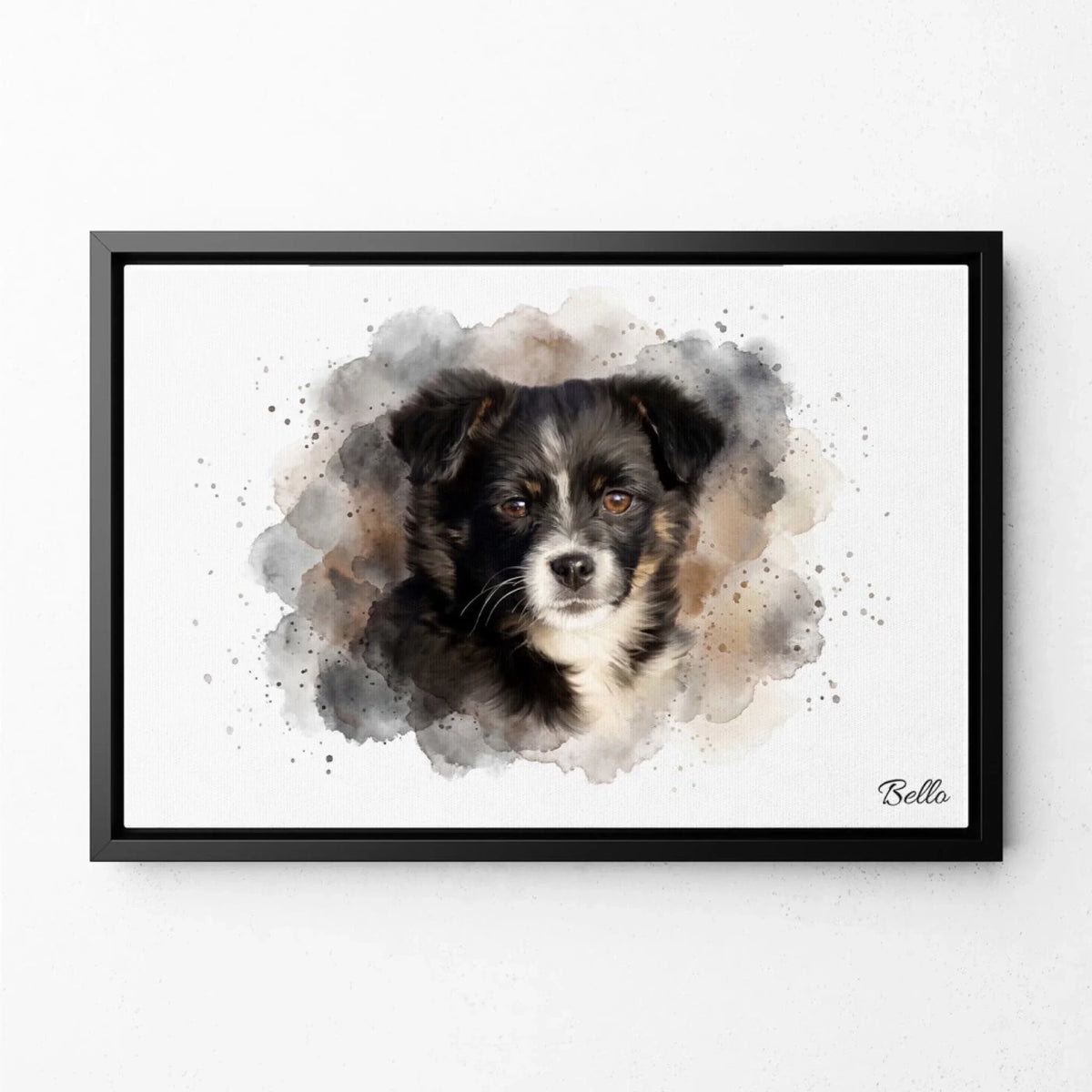 Retrato de perro en estilo acuarela (formato horizontal) a partir de tu foto - lienzo con marco negro