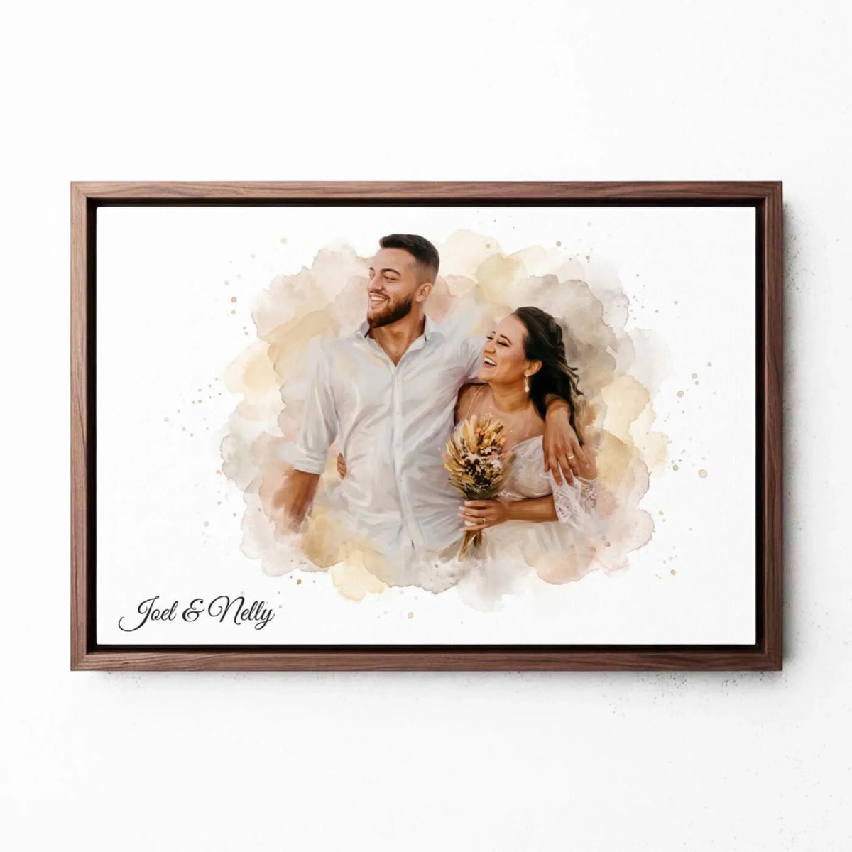 Retrato de pareja y familia en estilo acuarela (formato horizontal) a partir de tu foto - lienzo con marco nogal