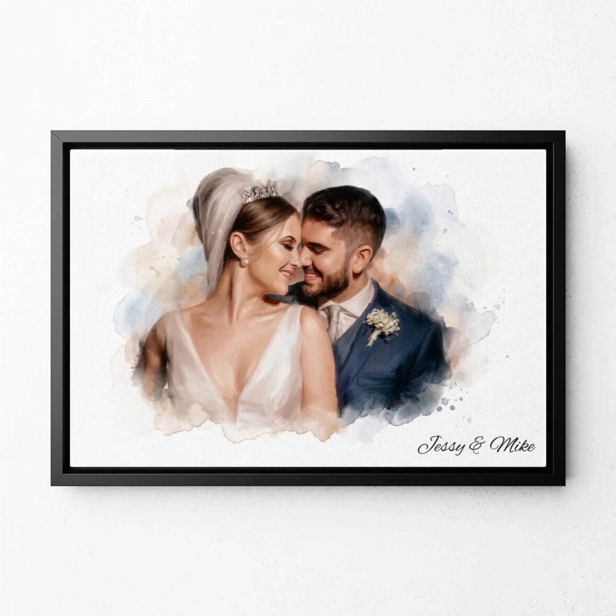 Retrato de pareja y familia en estilo acuarela (formato horizontal) a partir de tu foto - lienzo con marco negro