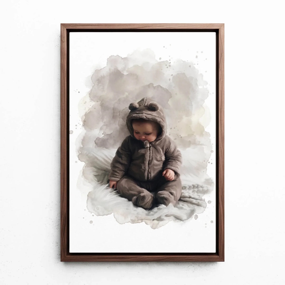 Retrato de bebé en estilo acuarela a partir de tu foto - lienzo con marco nogal