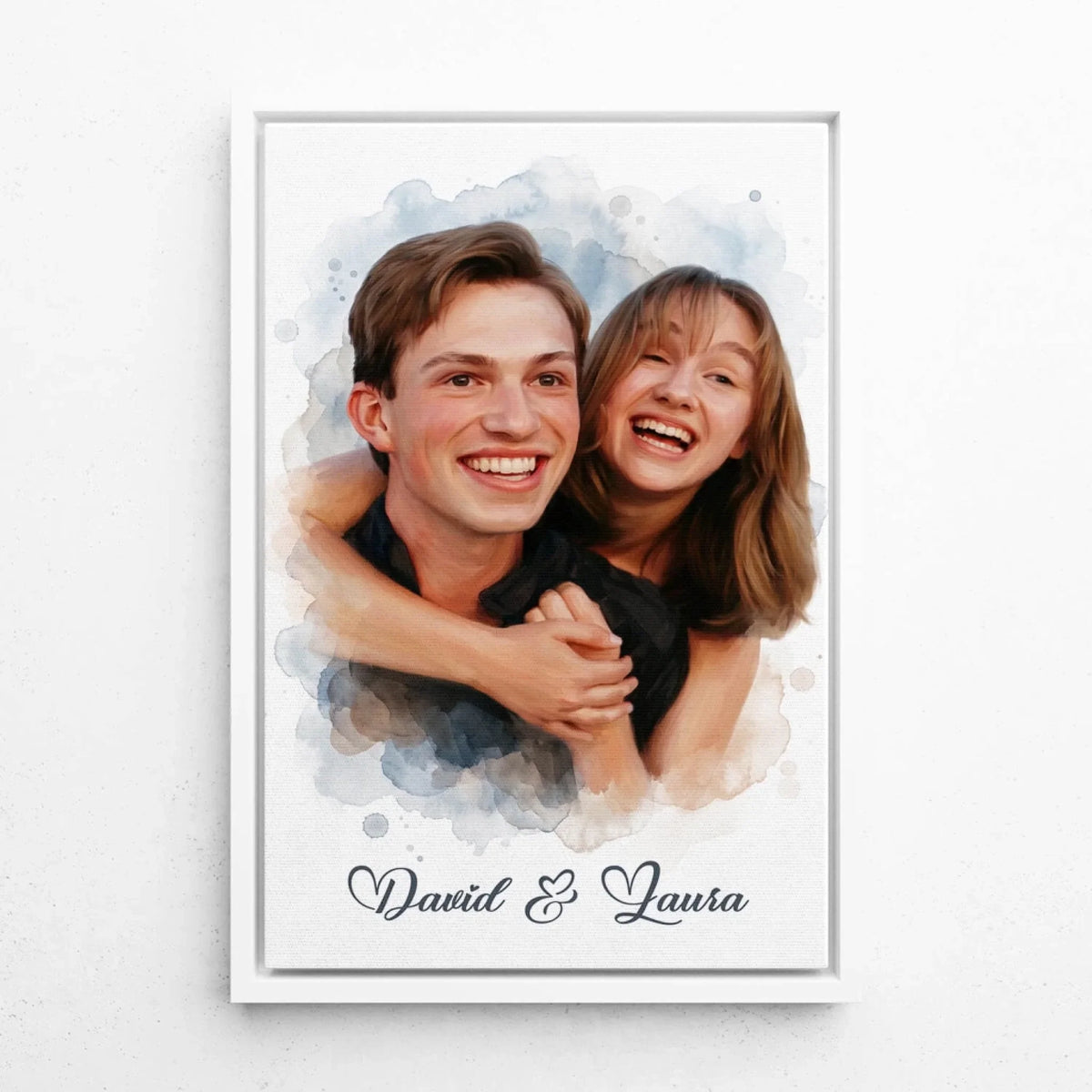 Retrato de pareja y familia en estilo acuarela a partir de tu foto - lienzo con marco blanco