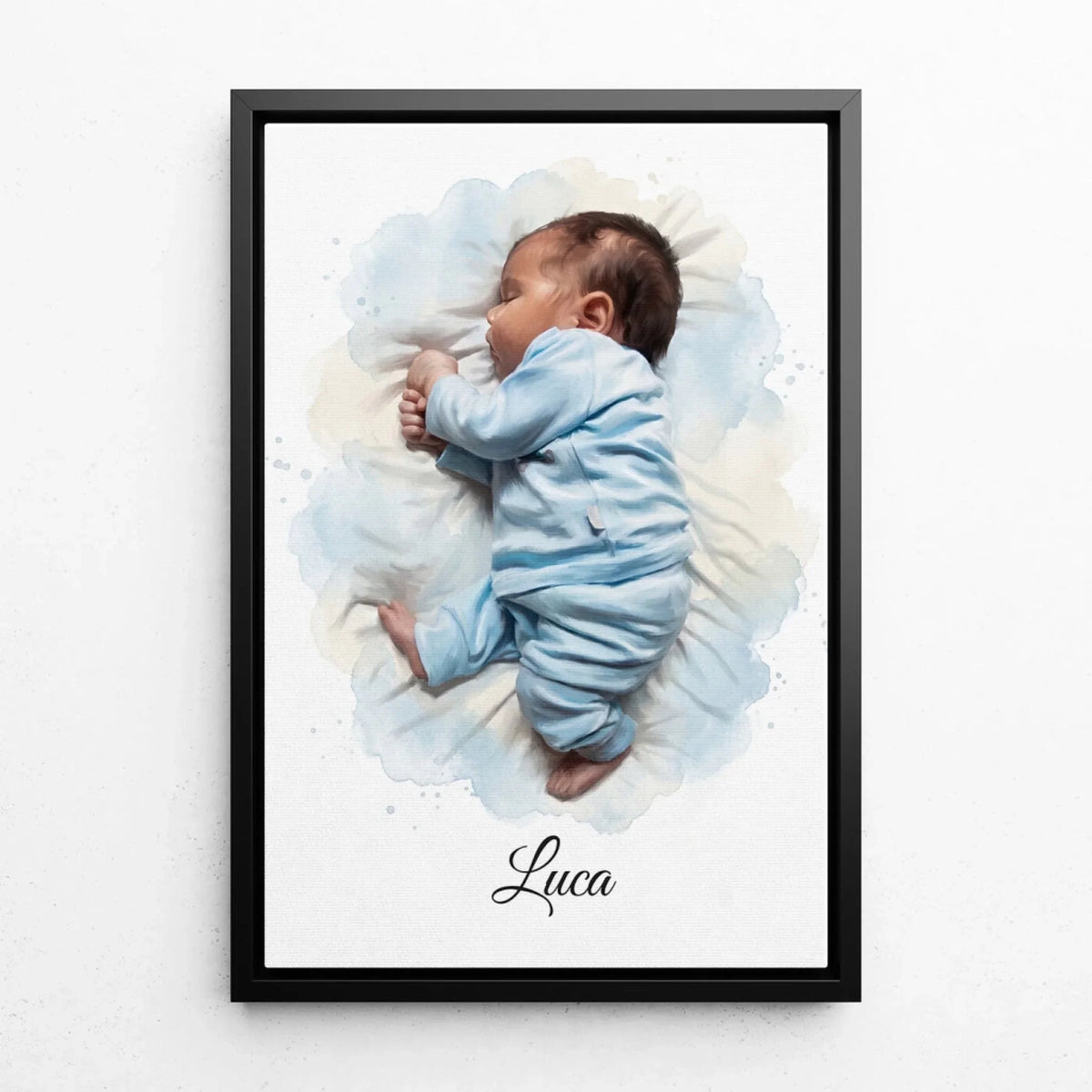 Retrato de bebé en estilo acuarela a partir de tu foto - lienzo con marco negro