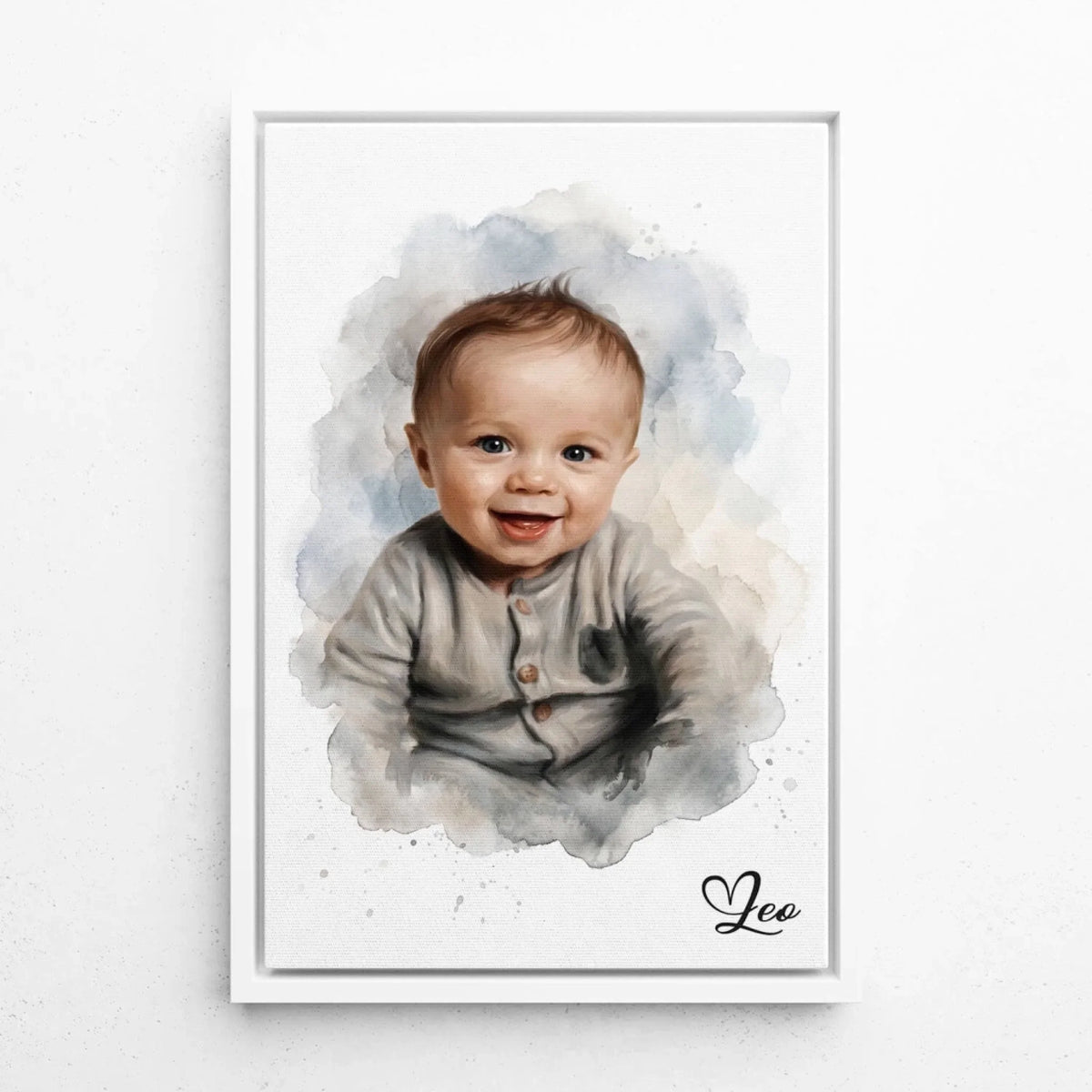 Retrato de bebé en estilo acuarela a partir de tu foto - lienzo con marco blanco