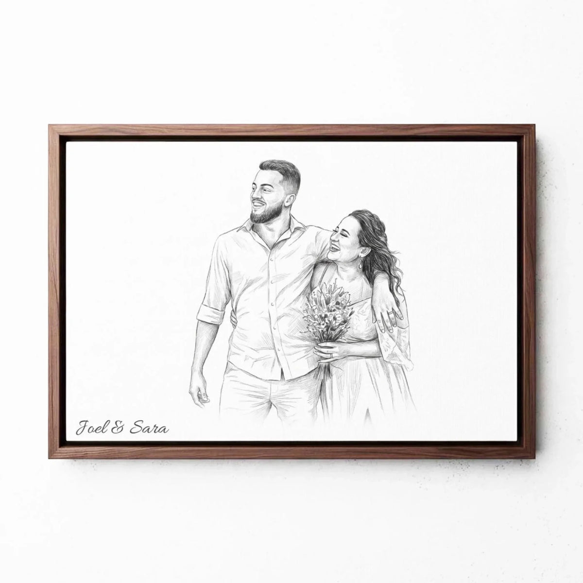 Retrato de pareja y familia en estilo lápiz (formato horizontal) a partir de tu foto - lienzo con marco nogal