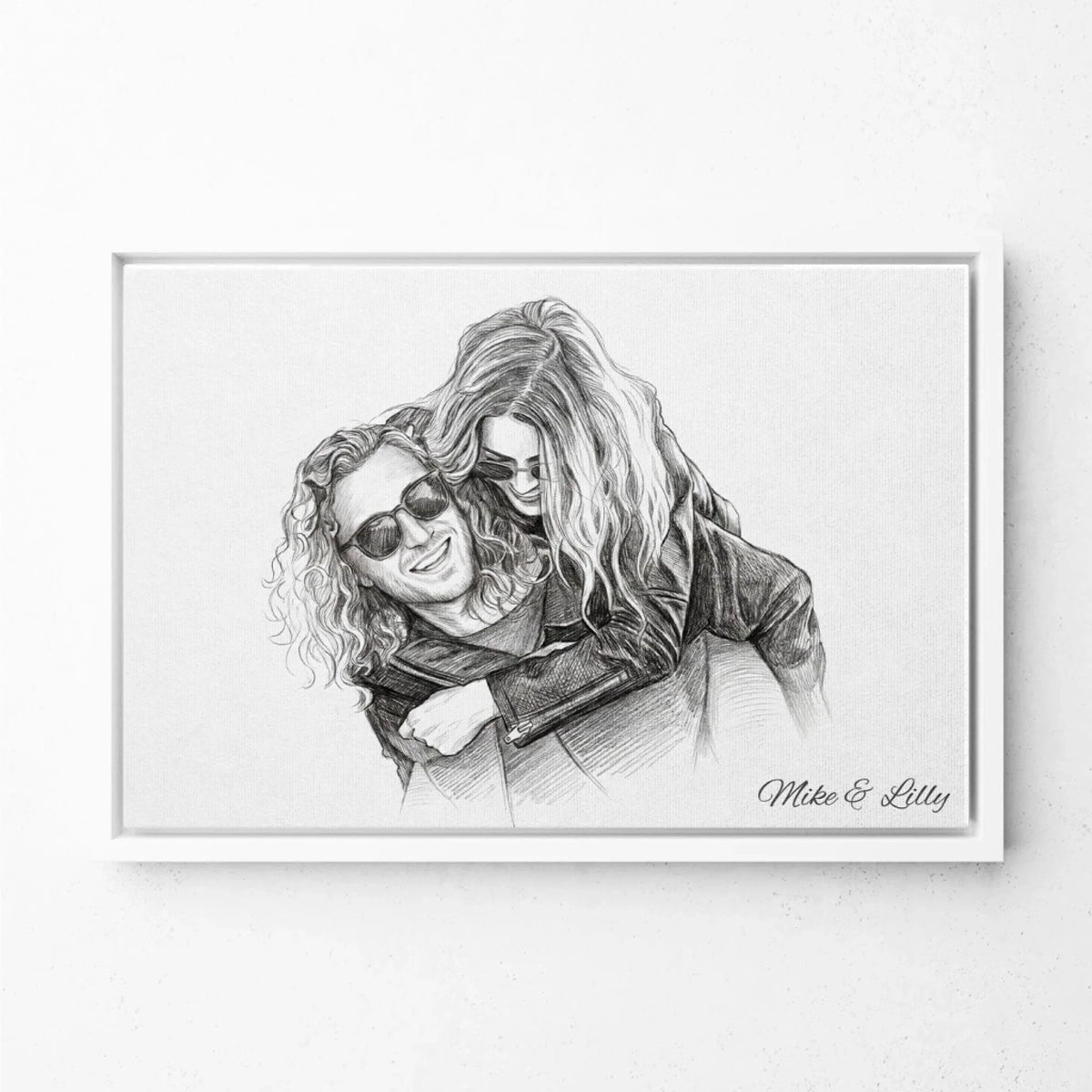 Retrato de pareja y familia en estilo lápiz (formato horizontal) a partir de tu foto - lienzo con marco blanco