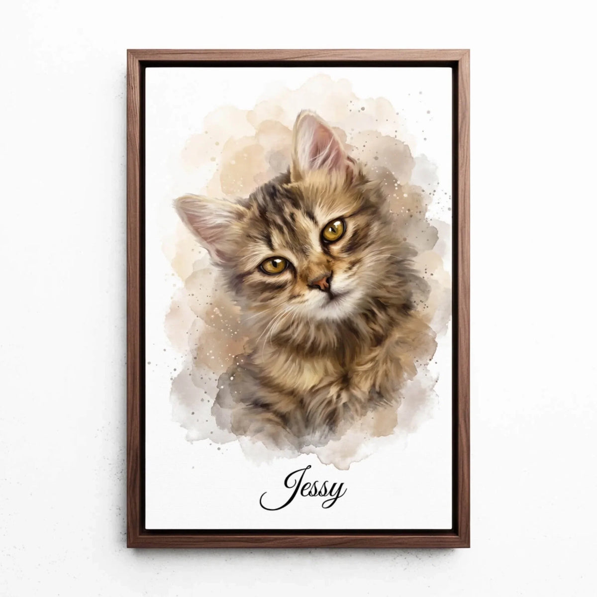 Retrato de gato en estilo acuarela a partir de tu foto - lienzo con marco nogal