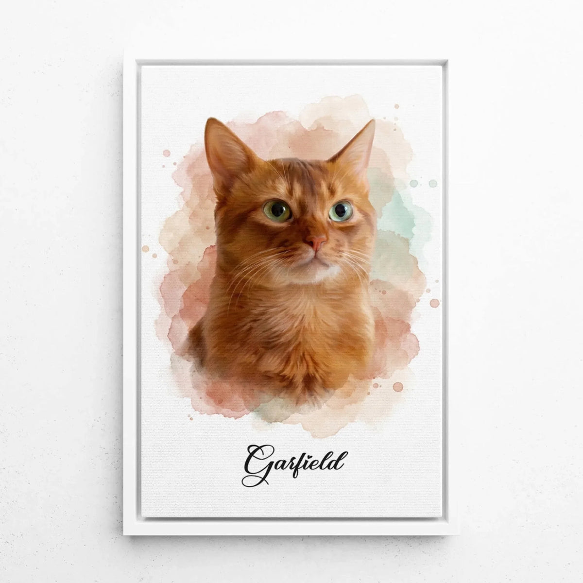 Retrato de gato en estilo acuarela a partir de tu foto - lienzo con marco blanco