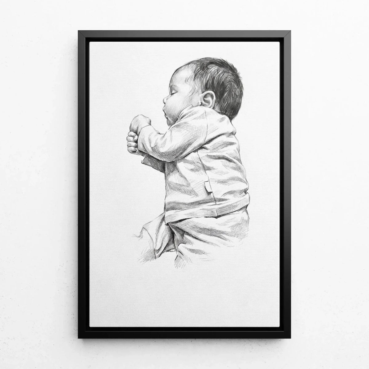 Retrato de bebé en estilo lápiz a partir de tu foto - lienzo con marco negro
