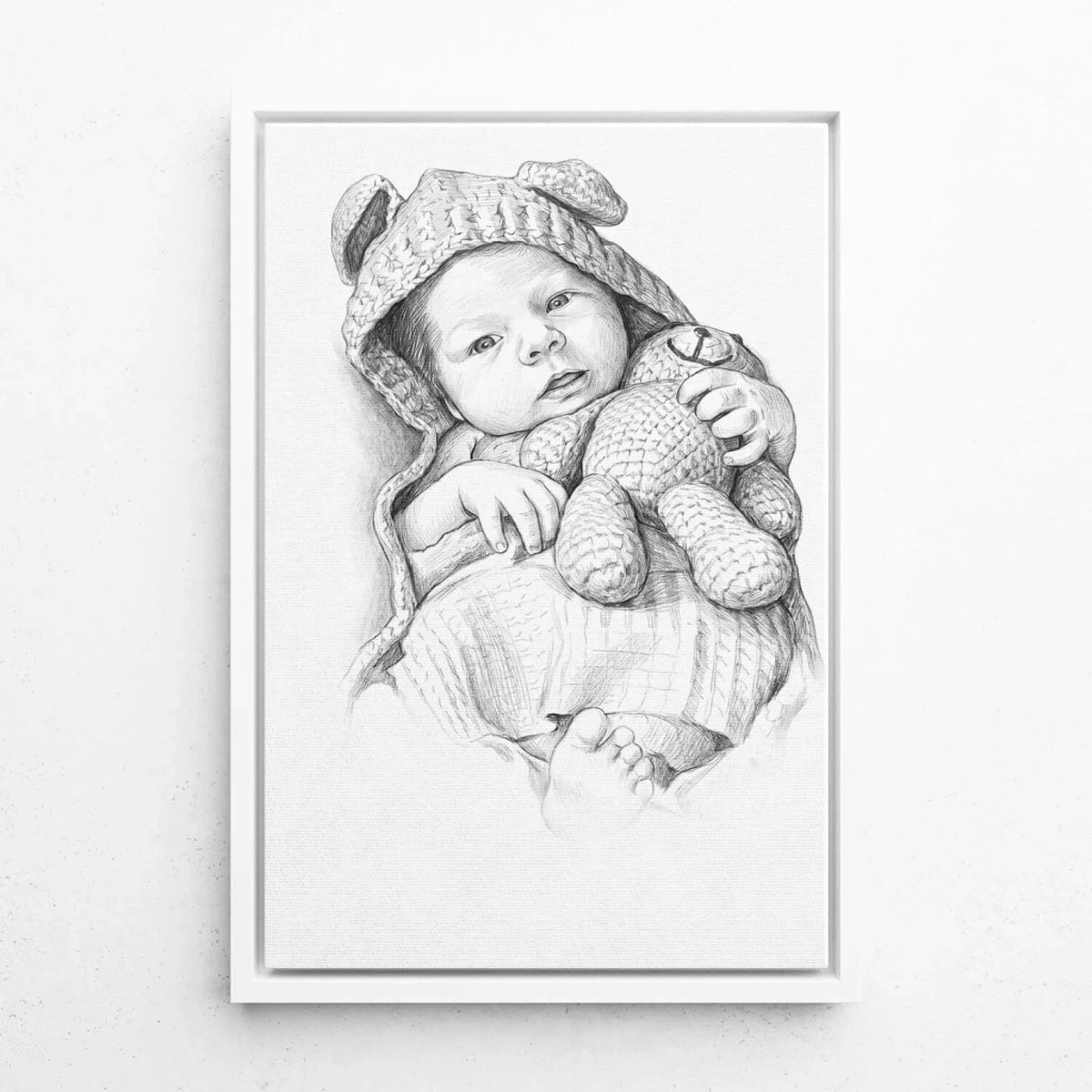Retrato de bebé en estilo lápiz a partir de tu foto - lienzo con marco blanco