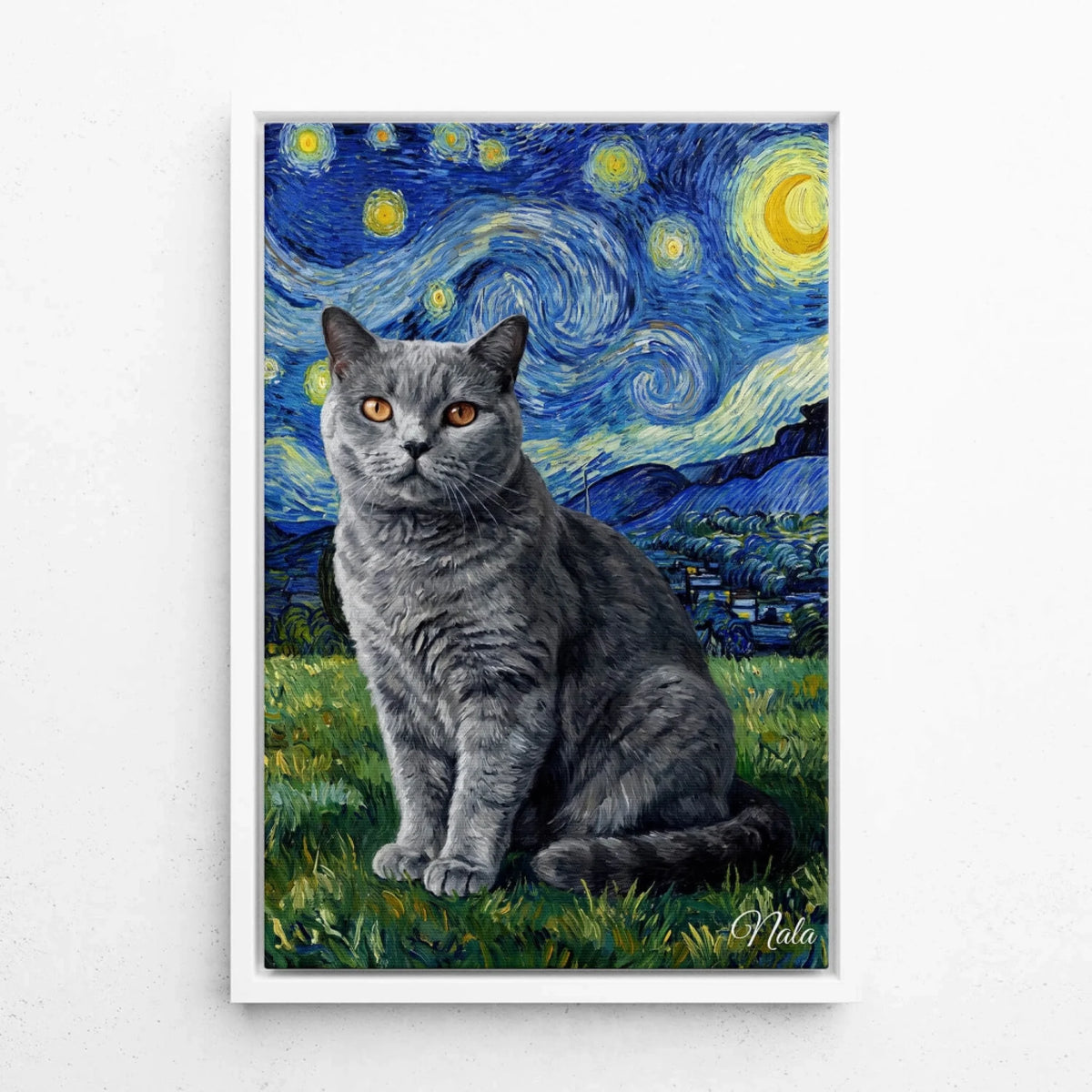 Retrato de gato estilo Van Gogh a partir de tu foto - lienzo con marco blanco