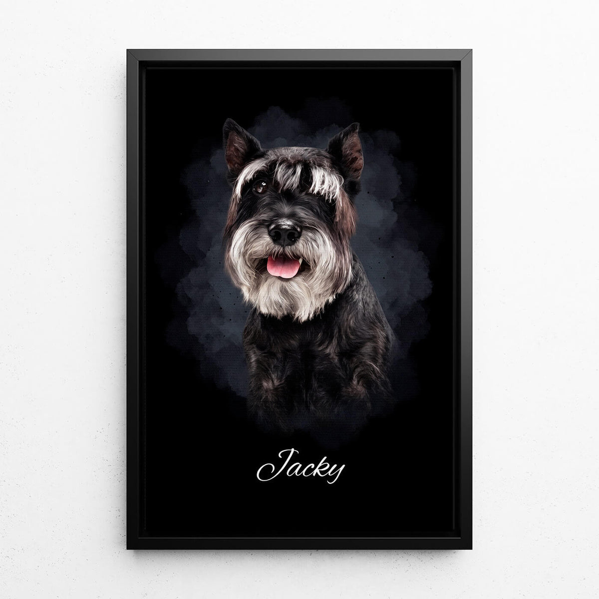 Retrato de perro en estilo acuarela - Negro a partir de tu foto - lienzo con marco negro
